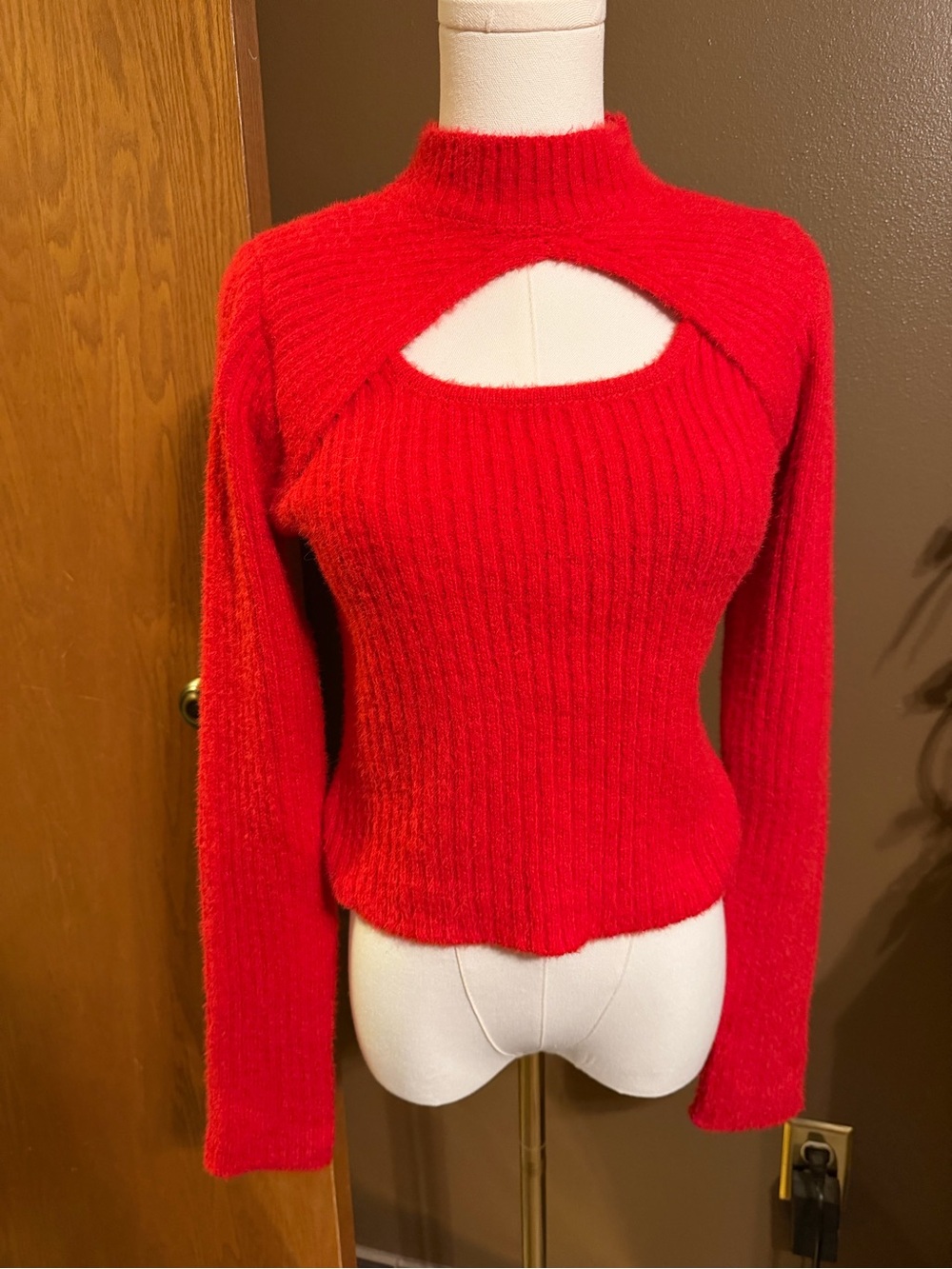Sincerly Jules Bright Red Ribbed Cutout Crewneck Sweater
